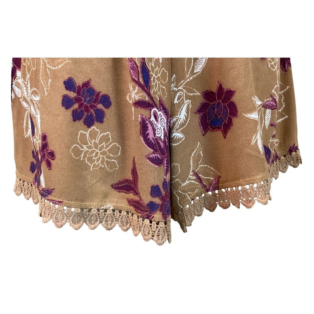 Mason & Belle Brown Floral Sleeveless V-Neck Cutout Tie Elastic Waist Romper Sm - Picture 6 of 10